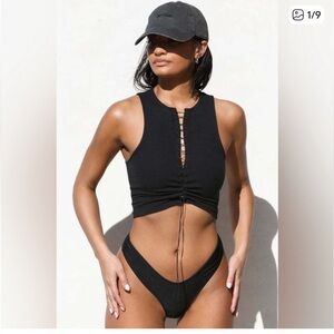 Joah Brown Lace Up Crop Tank Black Size Small